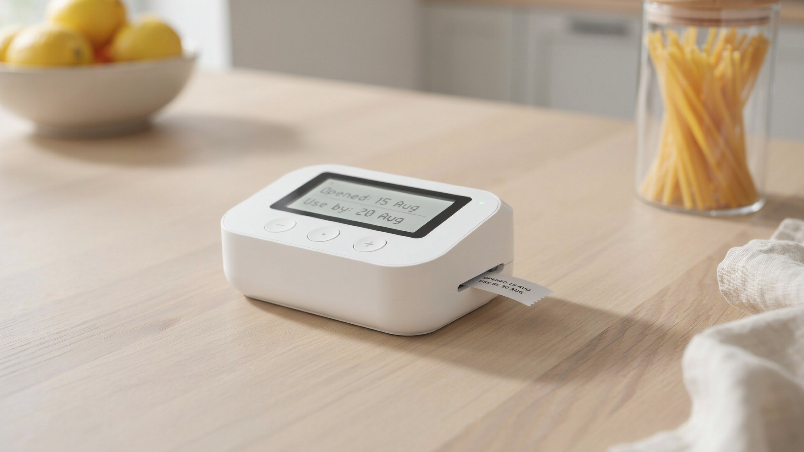 FridgeDate thermal sticker printer — a compact white device with LCD screen and three buttons
